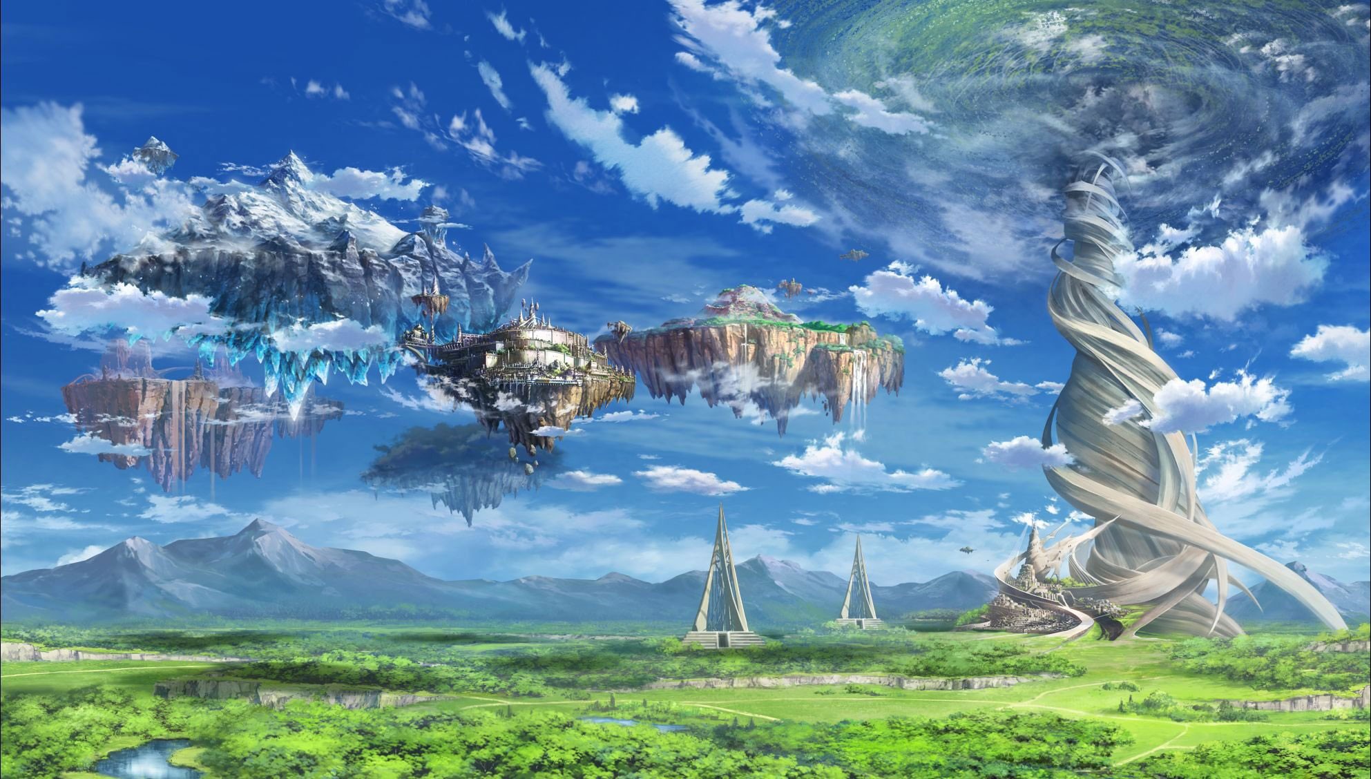 Hình ảnh phong cảnh anime giả tưởng về quang cảnh hồ nước của những ngọn  đồi xanh và tòa nhà kiến ​​trúc giữa sương mù HD tải xuống hình nền